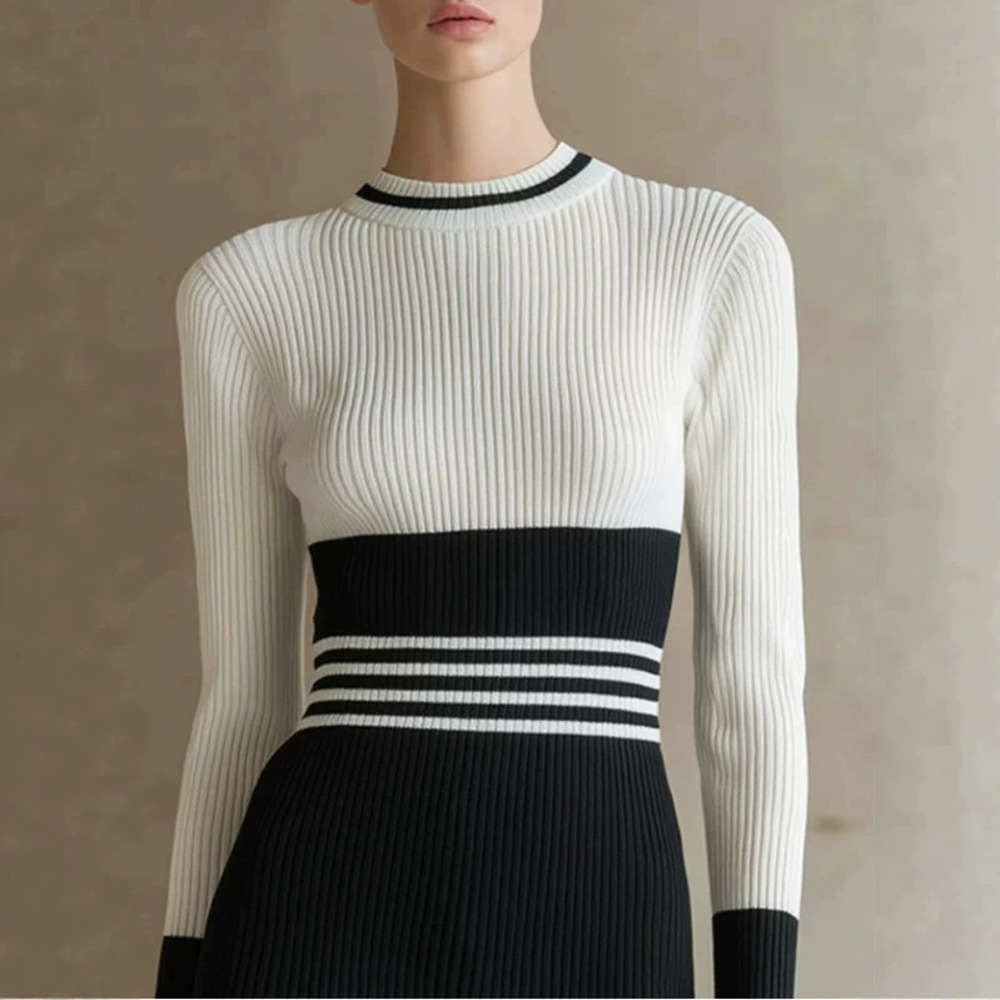 H&M   Elegant Black and White Striped Long Sleeve Mini Dress for Women